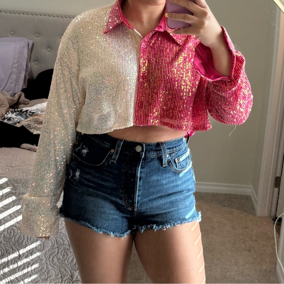 Princess Polly Tops - Pink Boutique Sequin Western Crop Top